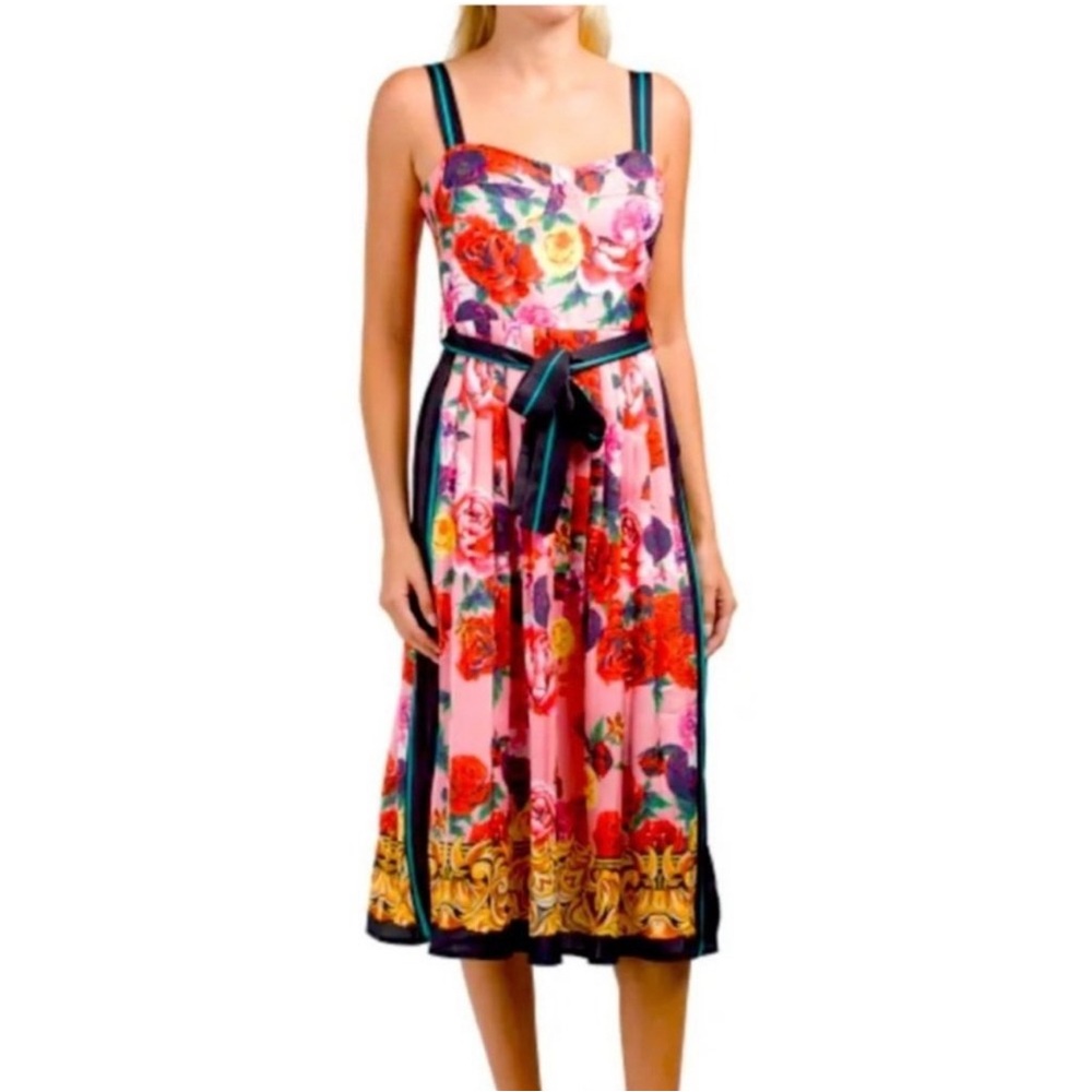 Dalia MacPhee Sleeveless Multicolored Floral Print Pleated Midi Dress
